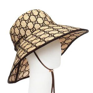Gucci embroidered GG-logo wide-brimmed beige/brown raffia hat with drawstring